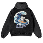 Ukiyoe Wave Cat Vintage Washed Cotton Back Art Hoodie
