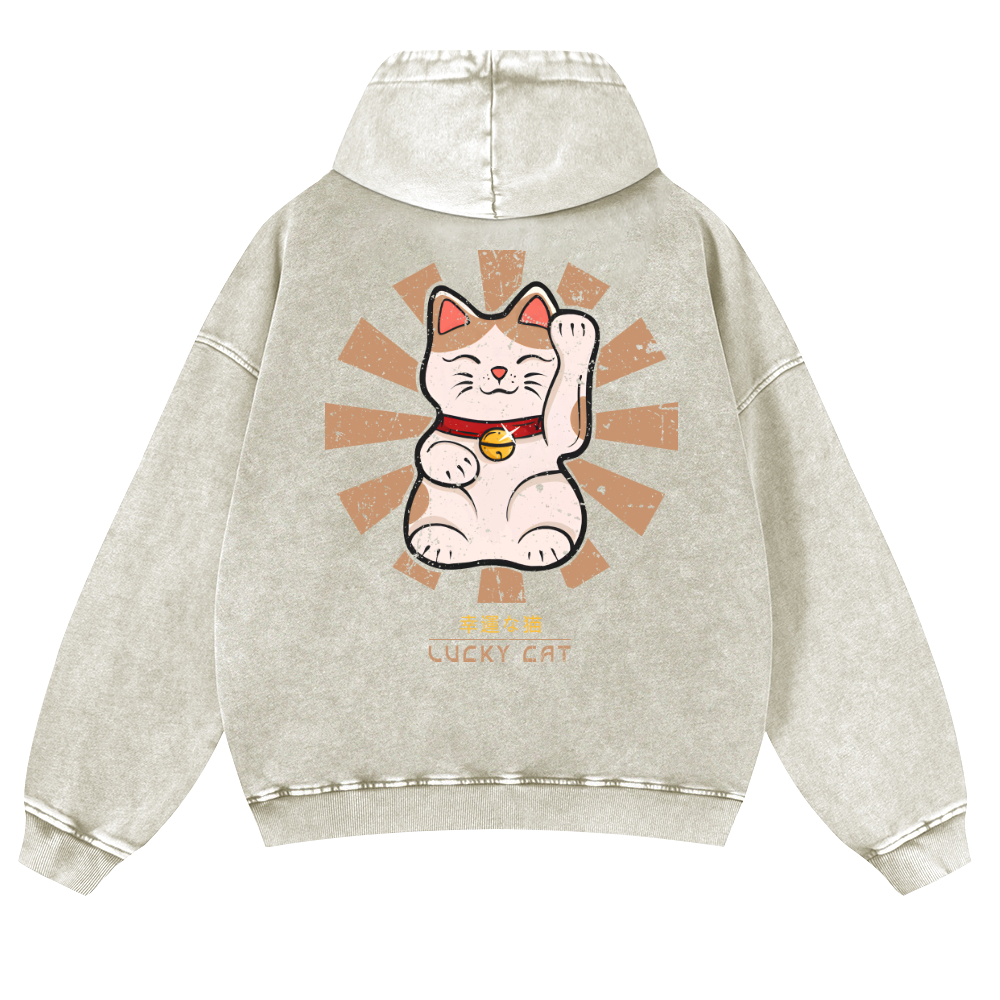 Lucky Cat Vintage Washed Cotton Back Art Hoodie