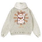 Lucky Cat Vintage Washed Cotton Back Art Hoodie