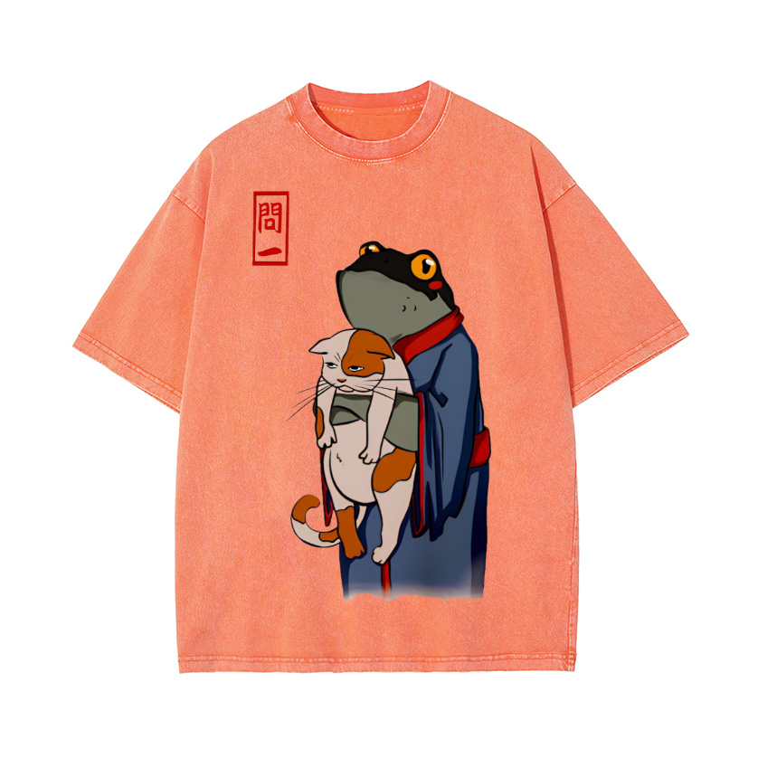 Frog and Cat Vintage Wash Japanese Design T-Shirt
