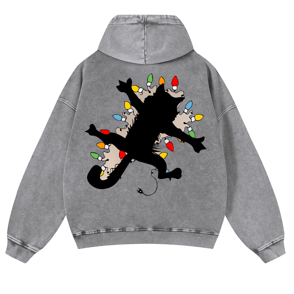 Cat Silhouette and Colorful Bulbs Vintage Washed Cotton Back Art Hoodie