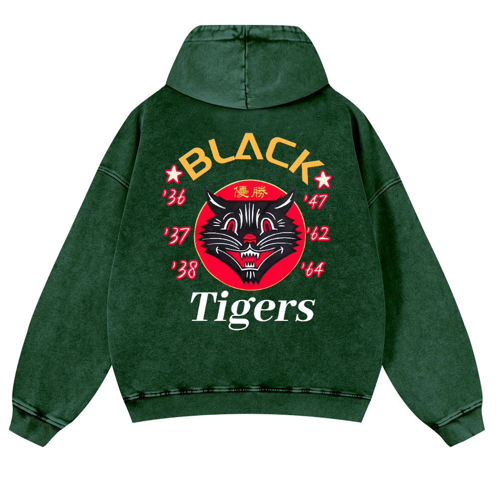 Black Cat Vintage Washed Cotton Back Art Hoodie