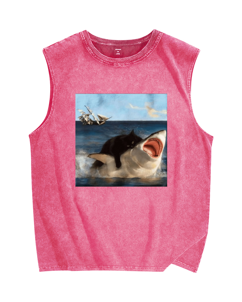 Cat Biting Shark Vintage Distressed Washed Tank Top