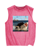 Cat Biting Shark Vintage Distressed Washed Tank Top