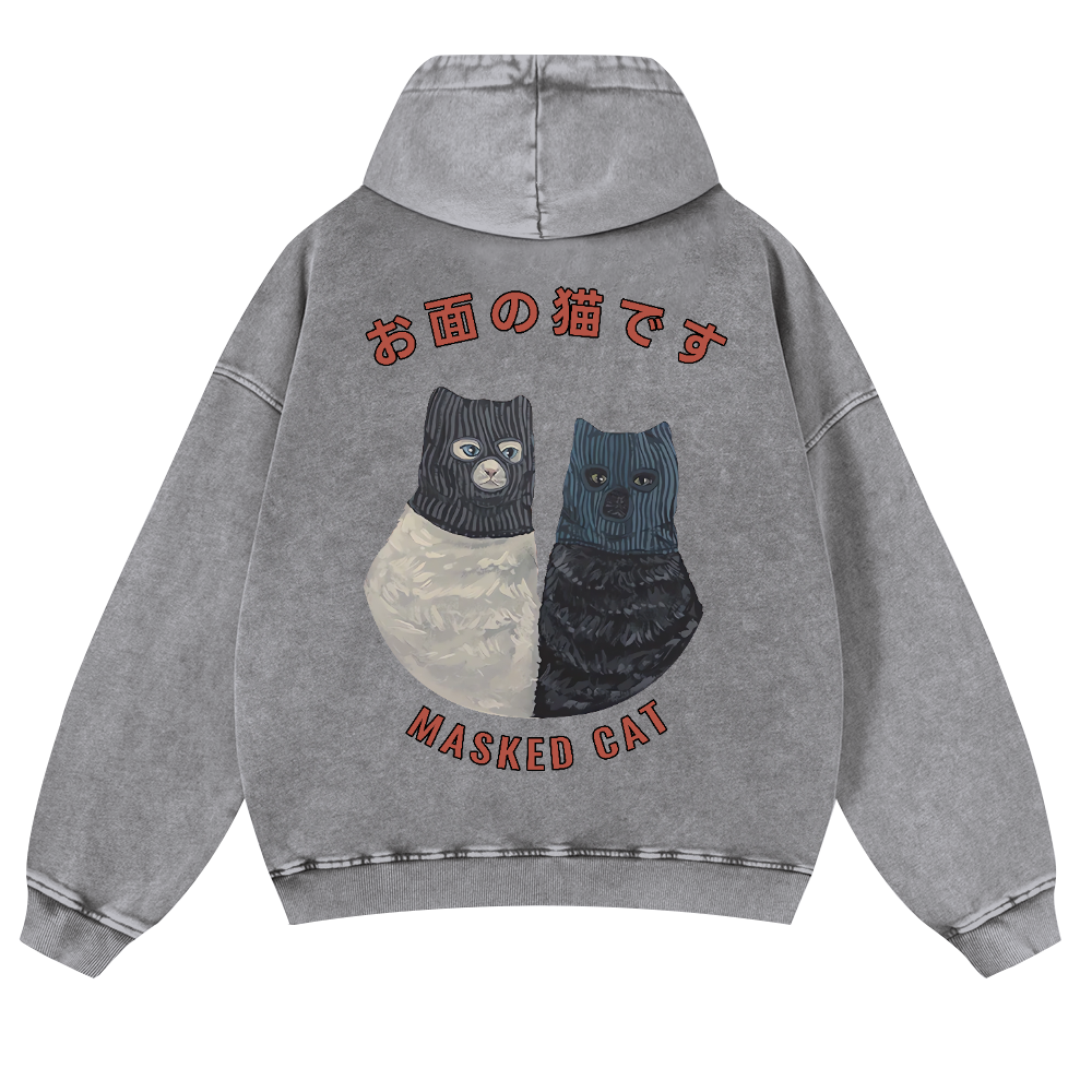Masked Cat Vintage Washed Cotton Back Art Hoodie