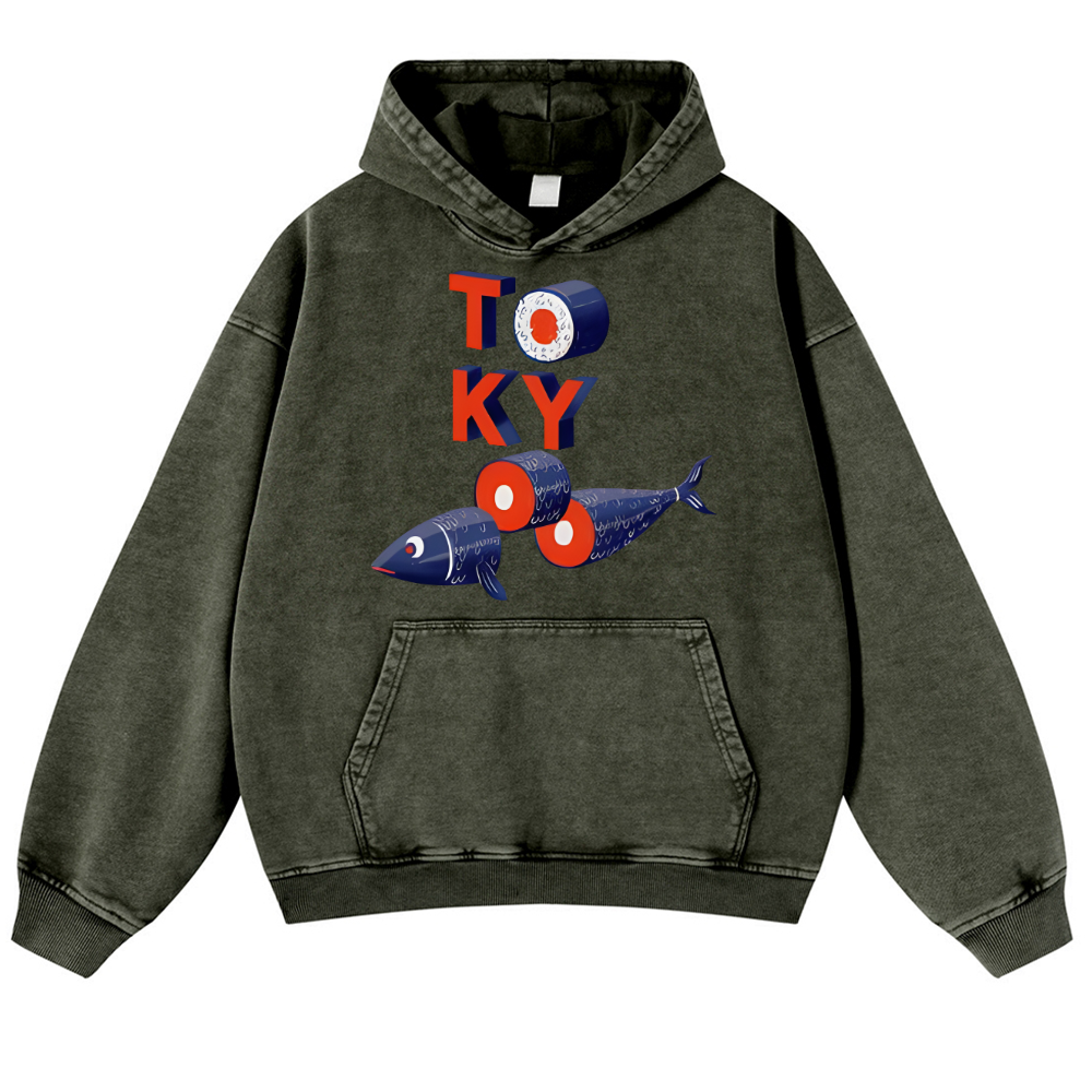 Tokyo Sushi Fish Vintage Washed Thick Cotton Hoodie