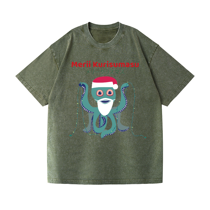 Christmas Octopus Vintage Wash Japanese Design T-Shirt