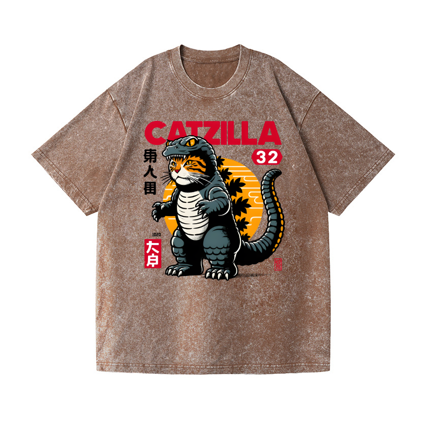 Cat Godzilla Vintage Wash Japanese Design T-Shirt