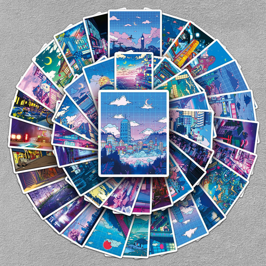 50 Japanese Anime Night Scene Stickers
