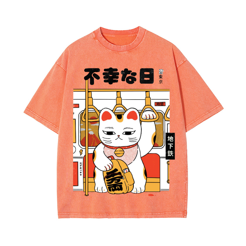 Unlucky Day Cat Vintage Wash Japanese Design T-Shirt