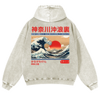 Kanagawa Ukiyo-e Great Wave Vintage Washed Cotton Back Art Hoodie