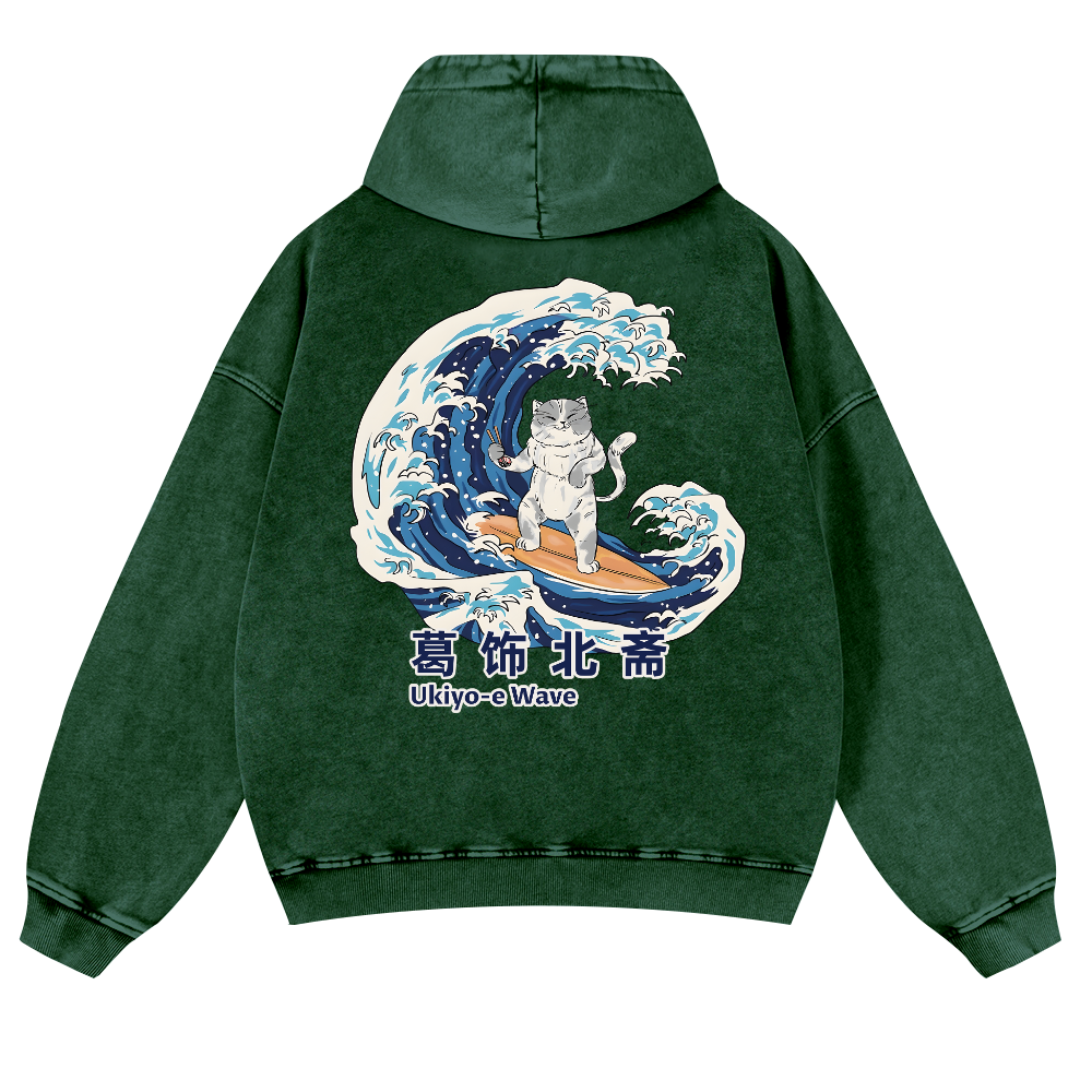 Ukiyoe Wave Cat Vintage Washed Cotton Back Art Hoodie