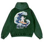 Ukiyoe Wave Cat Vintage Washed Cotton Back Art Hoodie