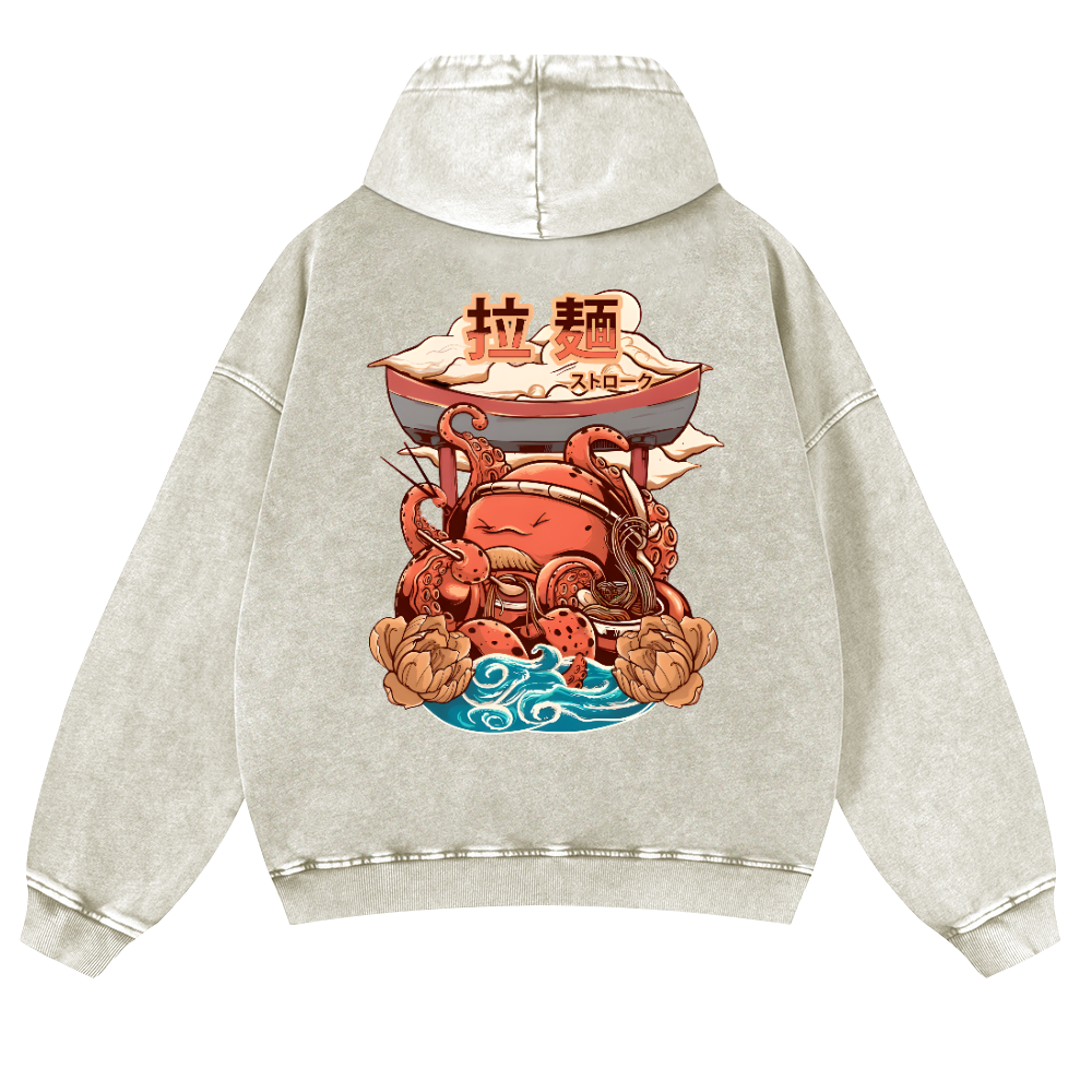 Ramen Octopus Vintage Washed Cotton Back Art Hoodie