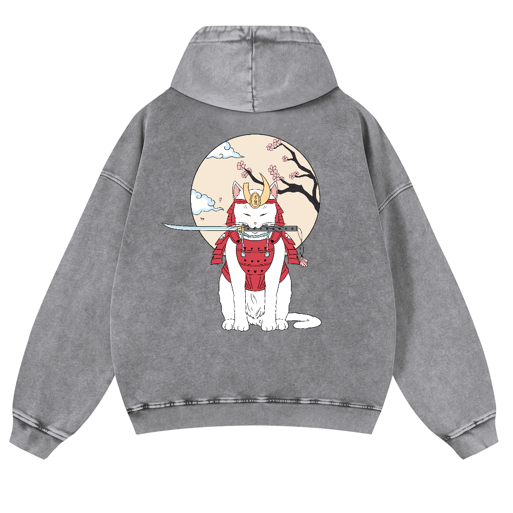 Samurai Cat Vintage Washed Cotton Back Art Hoodie