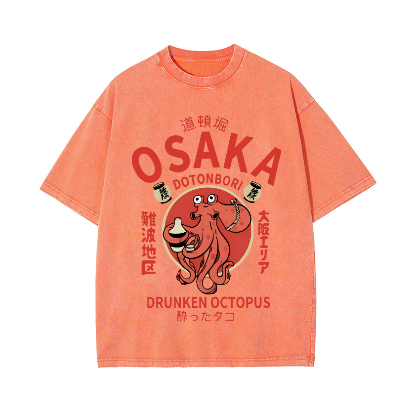 Osaka Dotonbori Drunken Octopus Vintage Wash Japanese Design T-Shirt