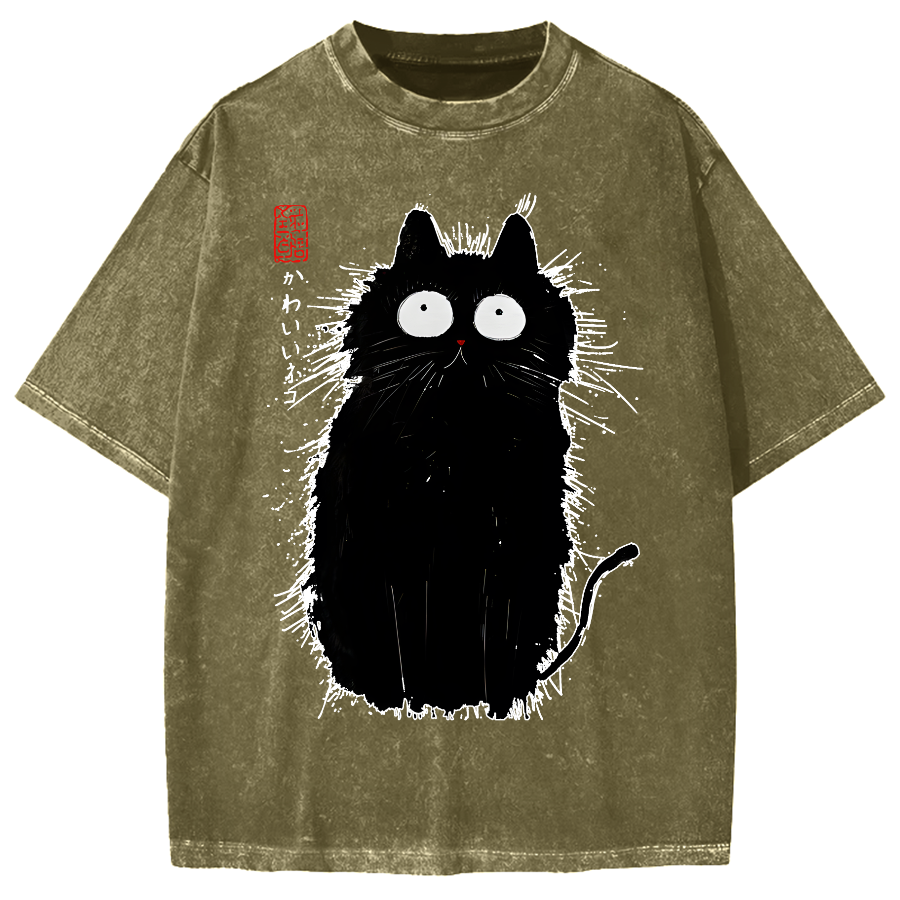 Black Cat With Puffed-Up Fur Vintage Washed T-shirt