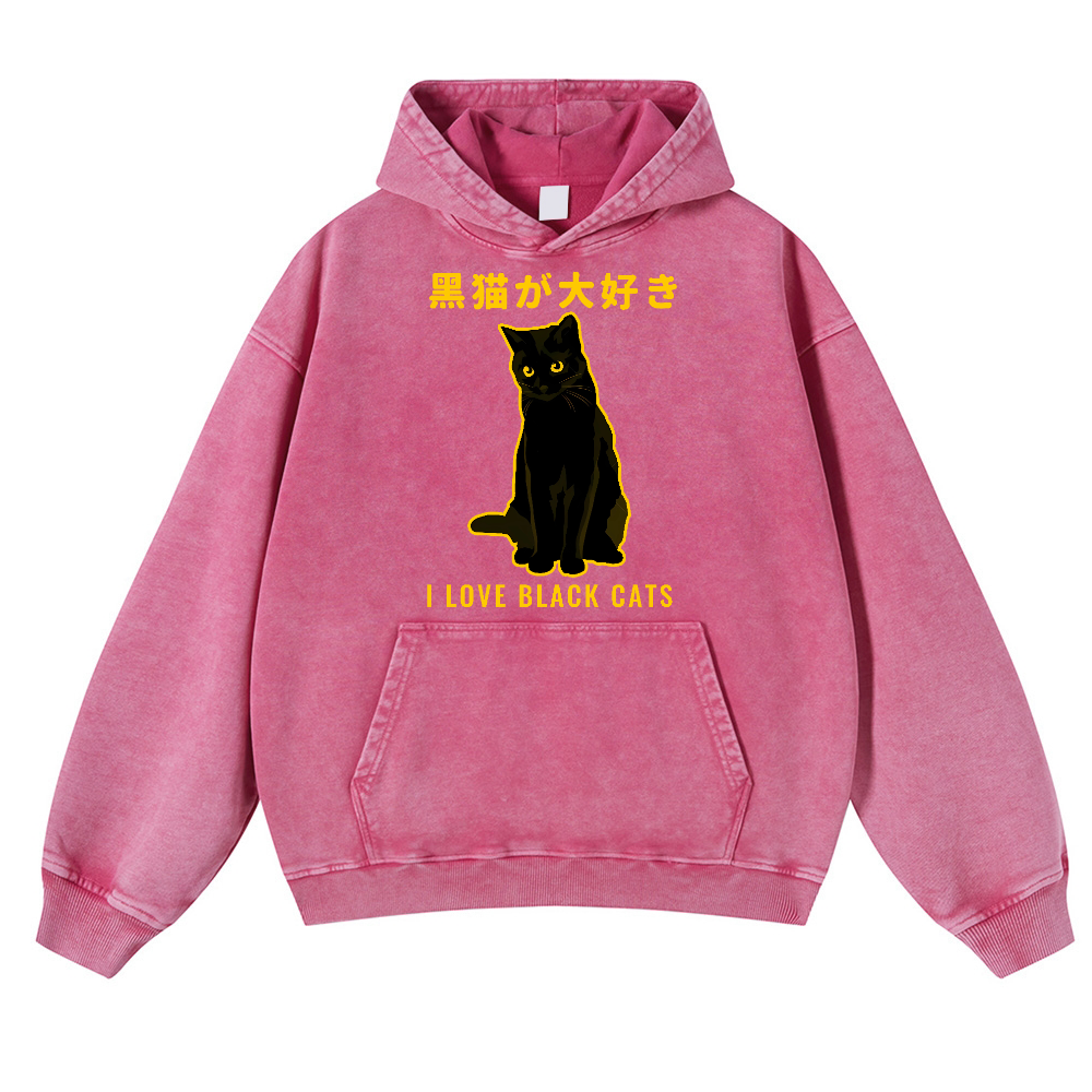 Black Cat Vintage Washed Thick Cotton Hoodie