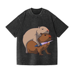 Capybaras and the Mysterious Sword Vintage Wash Japanese Design T-Shirt