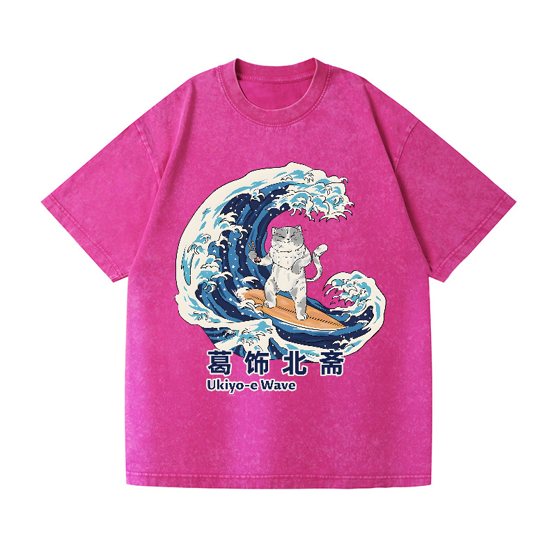Ukiyoe Wave Cat Vintage Wash Japanese Design T-Shirt