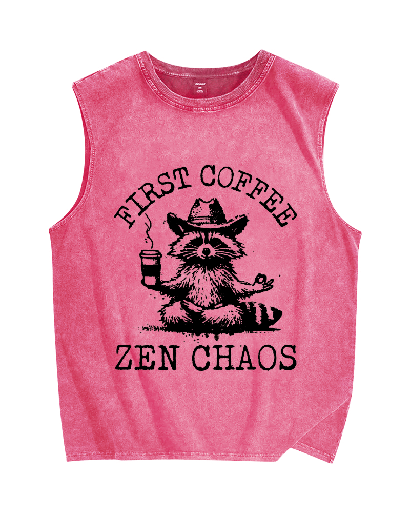 First Coffee Zen Chaos Raccoon Vintage Distressed Washed Tank Top