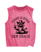 First Coffee Zen Chaos Raccoon Vintage Distressed Washed Tank Top