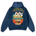 Ramen Lucky Cat Vintage Washed Cotton Back Art Hoodie