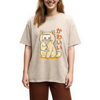 Kawaii Cat with Wine Glass Face Washed T-Shirt