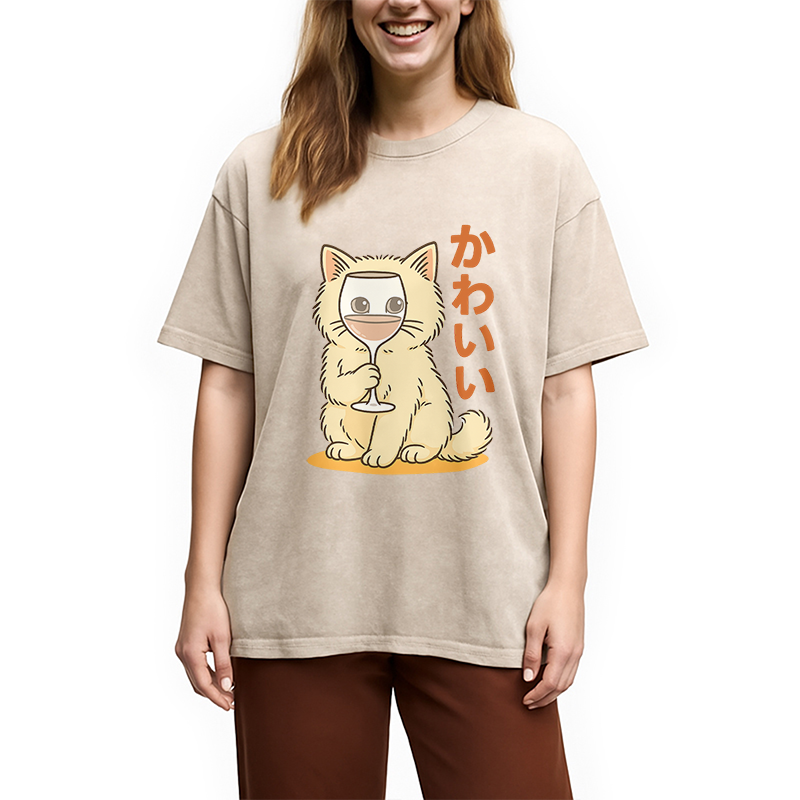 Kawaii Cat with Wine Glass Face Washed T-Shirt