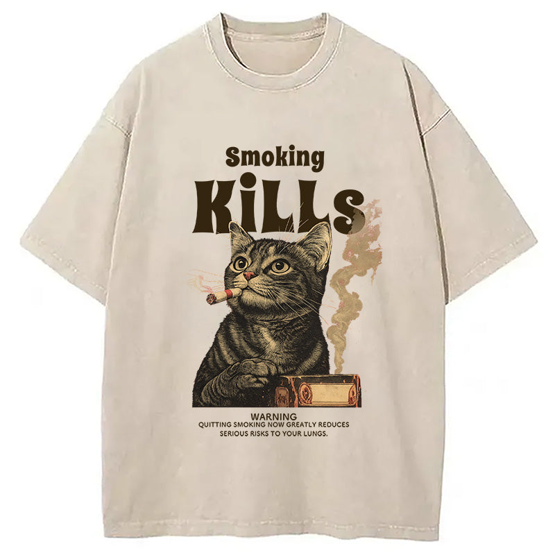Smoking Mills Cat Meme Washed T-Shirt