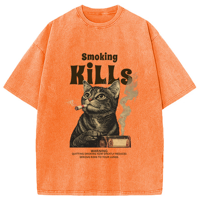Smoking Mills Cat Meme Washed T-Shirt