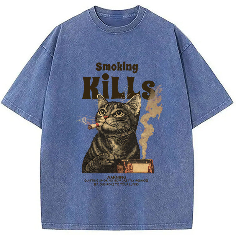 Smoking Mills Cat Meme Washed T-Shirt