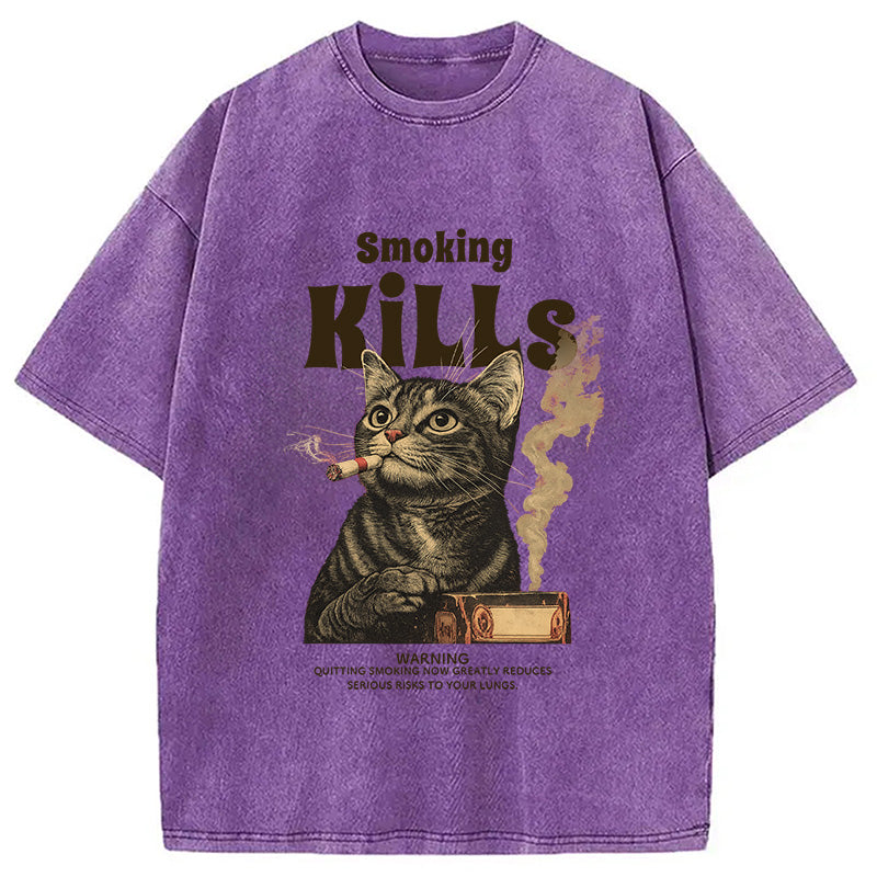 Smoking Mills Cat Meme Washed T-Shirt