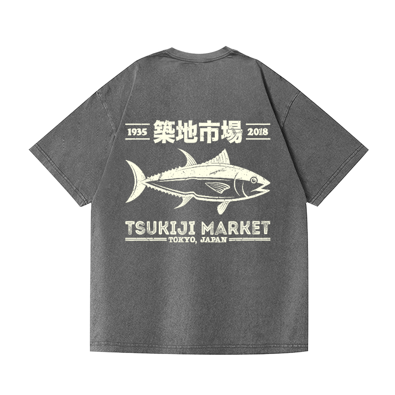 Tsukiji Market Tokyo Japan Fish Vintage Wash Japanese Design Back Art T-Shirt