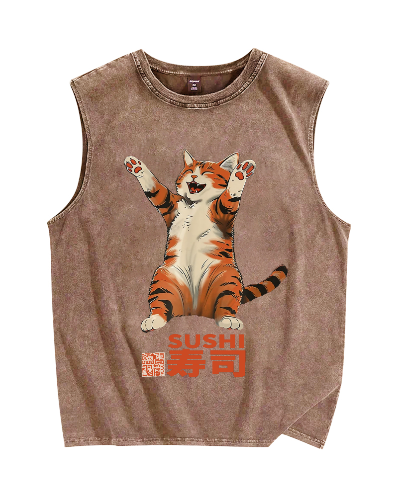 Cat Sushi Vintage Distressed Washed Tank Top