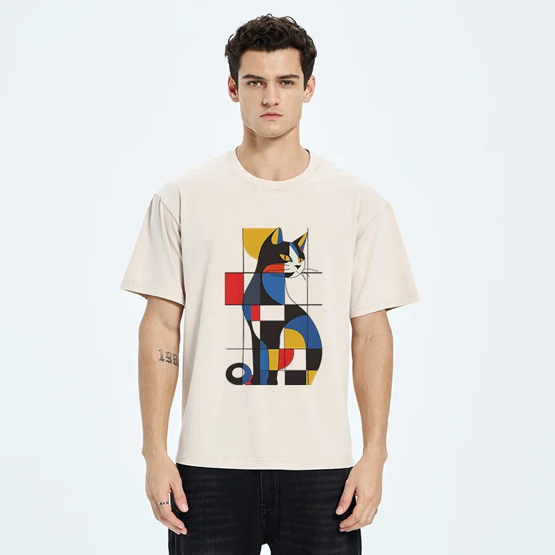 Unisex Mondrian Cat Washed T-Shirt