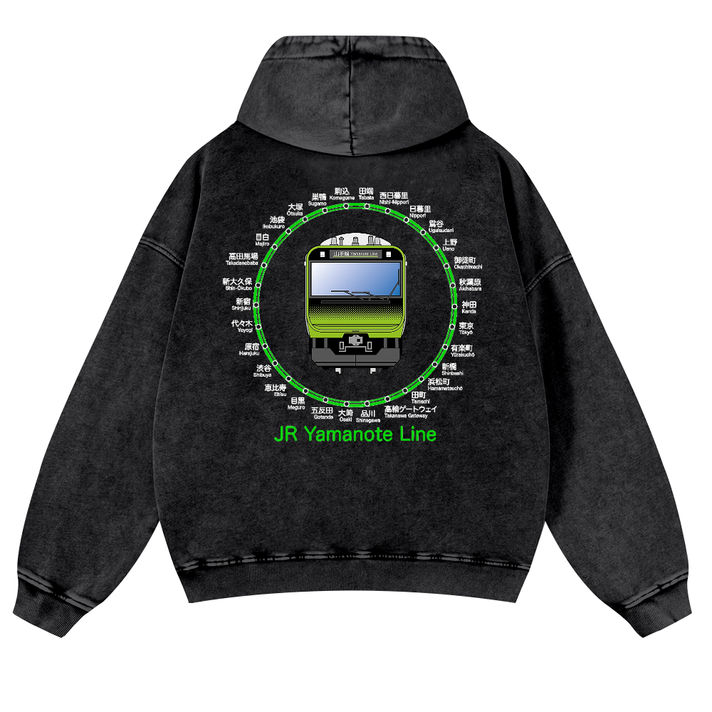 JR Yamanote Line Vintage Washed Cotton Back Art Hoodie