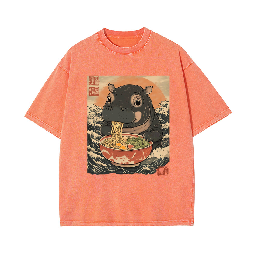 Ramen Hippo Ukiyoe Wave Vintage Wash Japanese Design T-Shirt