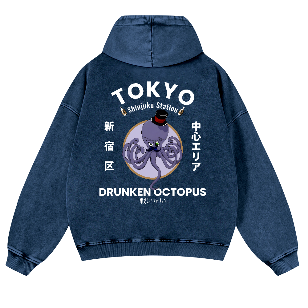 Tokyo Drunken Octopus Vintage Washed Cotton Back Art Hoodie