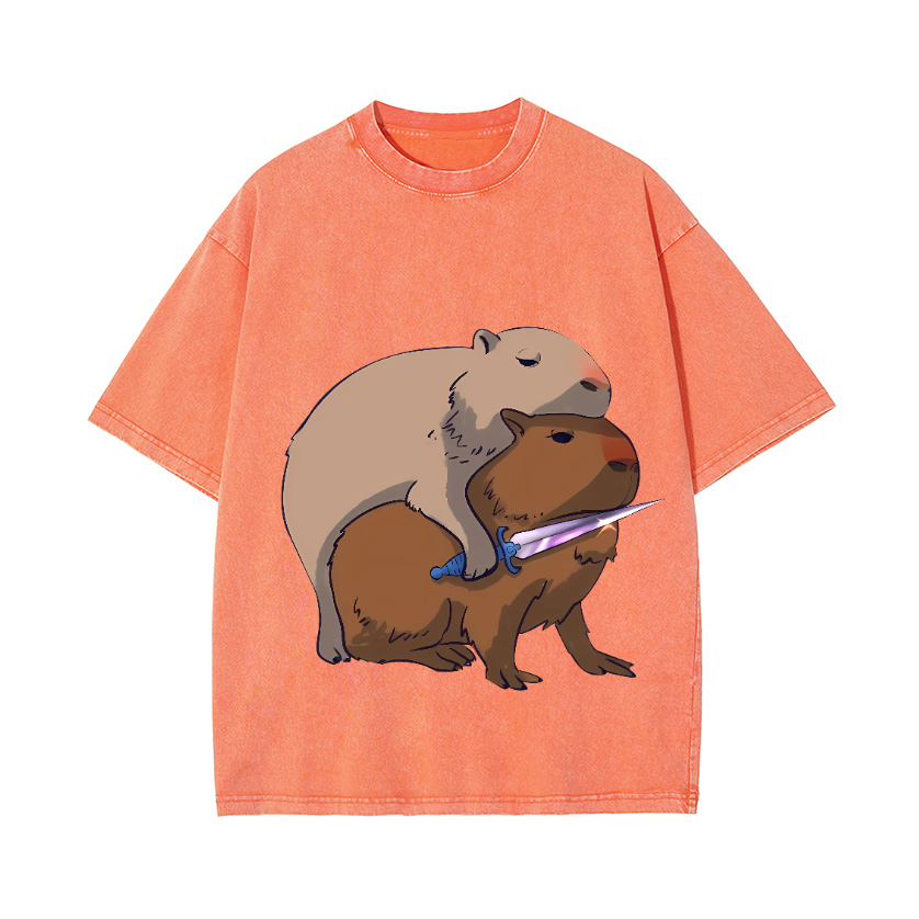 Capybaras and the Mysterious Sword Vintage Wash Japanese Design T-Shirt