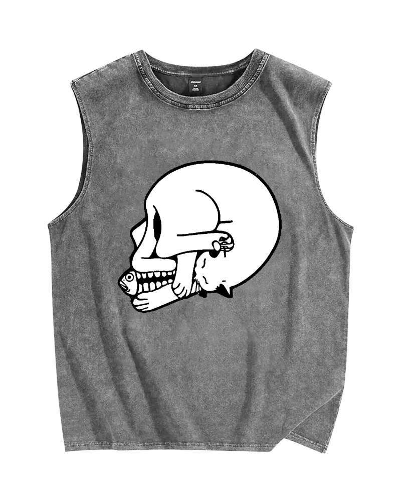 Cat Fish & Skull Vintage Distressed Washed Tank Top