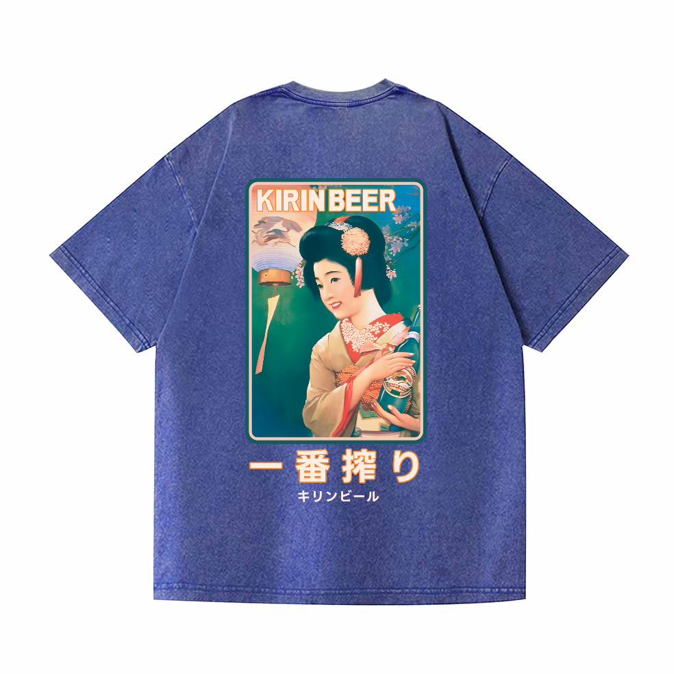 Kirin Beer Vintage Wash Japanese Design Back Art T-Shirt