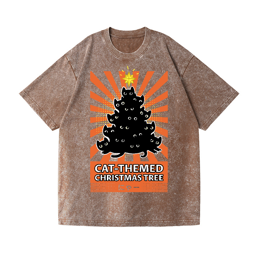 Cat-Themed Christmas Tree Vintage Wash Japanese Design T-Shirt