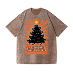 Cat-Themed Christmas Tree Vintage Wash Japanese Design T-Shirt