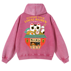 Ramen Lucky Cat Vintage Washed Cotton Back Art Hoodie