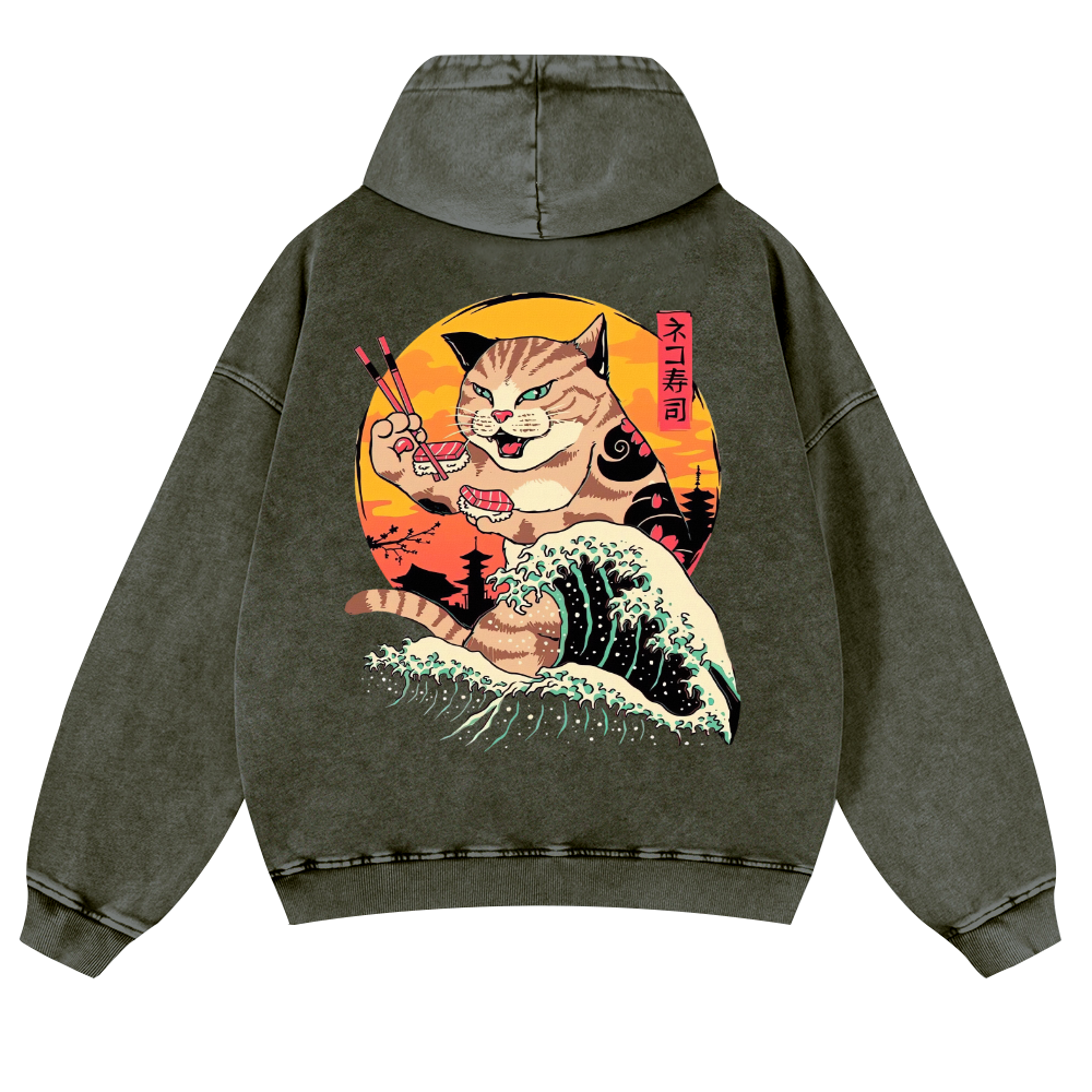 Ukiyoe Cat Vintage Washed Cotton Back Art Hoodie