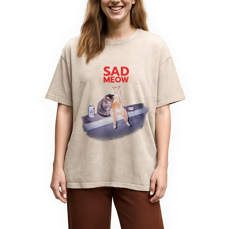 Sad Meow Smoking Cat Washed T-Shirt