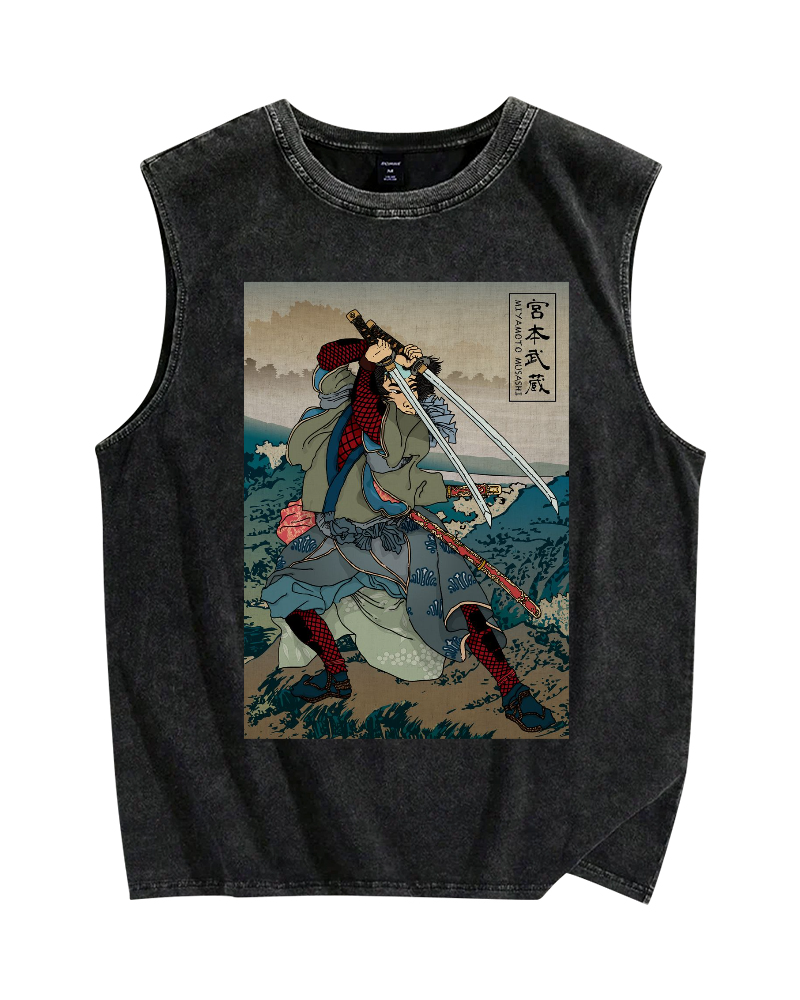 Japanese Ukiyo-e Miyamoto Musashi Vintage Distressed Washed Tank Top