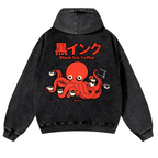 Black Ink Coffee Octopus Vintage Washed Cotton Back Art Hoodie