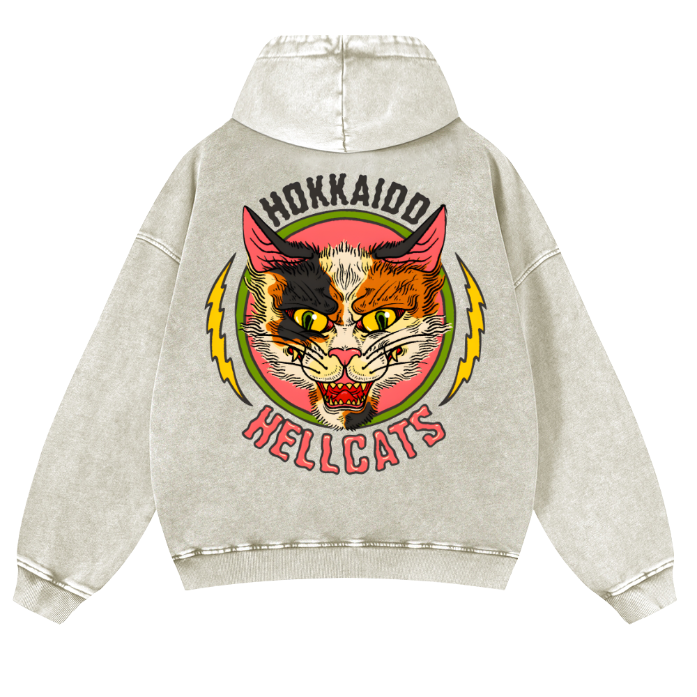 Hokkaido Hellcats Cat Vintage Washed Cotton Back Art Hoodie